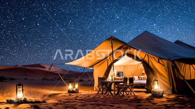 الأجواء الشتوية الهادئة, خيمة بدوية شعبية مضيئة وسط الصحراء، التضاريس والرمال الذهبية الناعمة، مخيمات سياحية في المناطق البرية، كشتة و جلسة بر شبابية, التخييم في صحاري المملكة العربية السعودية
