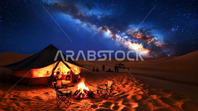 A popular Bedouin tent illuminated in the middle of the desert, soft golden terrain and sand, tourist camps in the wilderness, a youth camp and desert session, camping in the deserts of the Kingdom of Saudi Arabia, a calm winter atmosphere