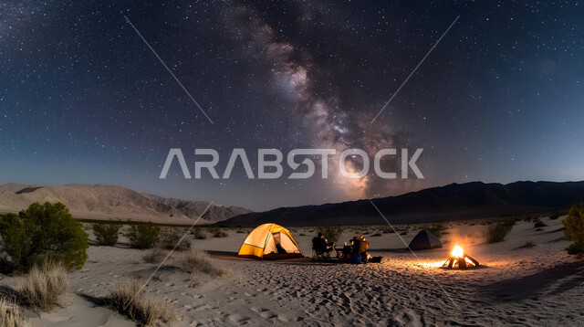 الأجواء الشتوية الهادئة, خيمة بدوية شعبية مضيئة وسط الصحراء، التضاريس والرمال الذهبية الناعمة، مخيمات سياحية في المناطق البرية، كشتة و جلسة بر شبابية, التخييم في صحاري المملكة العربية السعودية
