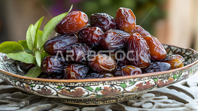 وجبة ذات قيمة غذائية عالية، صورة مقربة لطبق من التمر السكري الصحي الطازج، ضيافة رمضانية لذيذة، أنواع من التمور المفيدة الشهية، رطب من نخيل المملكة العربية السعودية، محاصيل ومنتجات زراعية محلية وطنية
