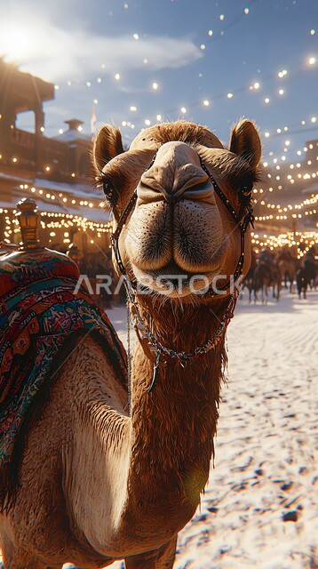 التلال و الكثبان الرملية، الرمال الذهبية الناعمة، جمل عربي أصيل وسط الصحراء في النهار، تربية الجمال والابل في المحميات الطبيعية في المملكة العربية السعودية ، الاهتمام ورعاية المواشي والثدييات في الصحاري، خلفية الطبيعة