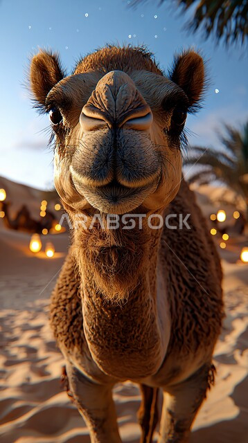التلال و الكثبان الرملية، الرمال الذهبية الناعمة، جمل عربي أصيل وسط الصحراء في النهار، تربية الجمال والابل في المحميات الطبيعية في المملكة العربية السعودية ، الاهتمام ورعاية المواشي والثدييات في الصحاري، خلفية الطبيعة
