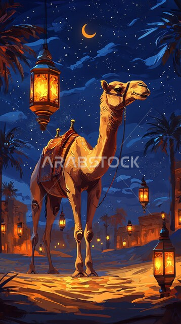 Sand dunes, soft golden sand, purebred Arabian camel in the middle of the desert during the day, camel and dromedary breeding in nature reserves in Saudi Arabia, care and maintenance of livestock and mammals in deserts, nature background