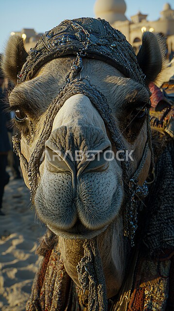 Sand dunes, soft golden sand, purebred Arabian camel in the middle of the desert during the day, camel and dromedary breeding in nature reserves in Saudi Arabia, care and maintenance of livestock and mammals in deserts, nature background
