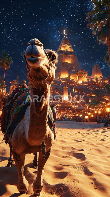 التلال و الكثبان الرملية، الرمال الذهبية الناعمة، جمل عربي أصيل وسط الصحراء في النهار، تربية الجمال والابل في المحميات الطبيعية في المملكة العربية السعودية ، الاهتمام ورعاية المواشي والثدييات في الصحاري، خلفية الطبيعة