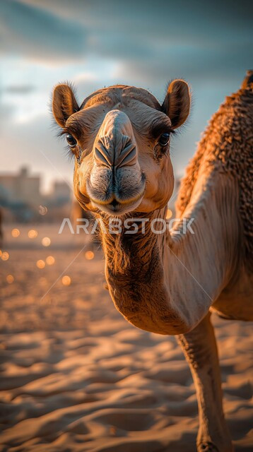 التلال و الكثبان الرملية، الرمال الذهبية الناعمة، جمل عربي أصيل وسط الصحراء في النهار، تربية الجمال والابل في المحميات الطبيعية في المملكة العربية السعودية ، الاهتمام ورعاية المواشي والثدييات في الصحاري، خلفية الطبيعة