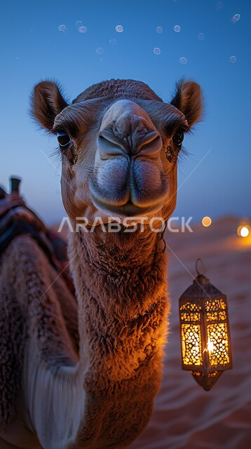Sand dunes, soft golden sand, purebred Arabian camel in the middle of the desert during the day, camel and dromedary breeding in nature reserves in Saudi Arabia, care and maintenance of livestock and mammals in deserts, nature background