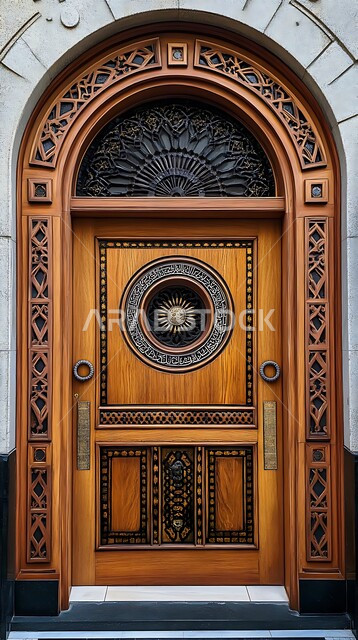 Architectural engineering arts and Islamic designs of old doors in the Kingdom of Saudi Arabia, a close-up photo of a wooden door carved with traditional Arabic engravings and decorations, doors made in the old wooden style