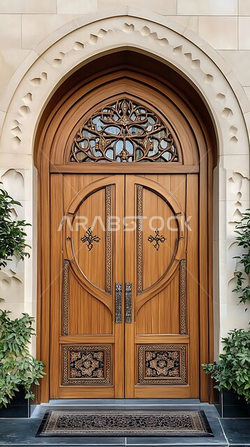 Architectural engineering arts and Islamic designs of old doors in the Kingdom of Saudi Arabia, a close-up photo of a wooden door carved with traditional Arabic engravings and decorations, doors made in the old wooden style
