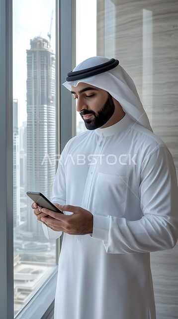 تصفح مواقع التواصل الاجتماعي، استخدام التقنيات الحديثة والمتطورة، رجل عربي خليجي سعودي يرتدي الشماغ والثوب التقليدي يحمل الهاتف المحمول يقف جانب نافذة مطلة على ابراج المدينة، التواصل مع الأصدقاء عبر برامج وتطبيقات الجوال