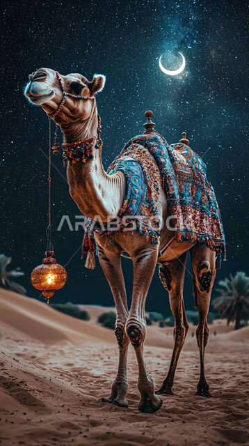 الرمال الذهبية الناعمة، جمل عربي أصيل وسط الصحراء، تربية الجمال والابل في المحميات الطبيعية في المملكة العربية السعودية ، الاهتمام ورعاية المواشي والثدييات في الصحاري، خلفية الطبيعة