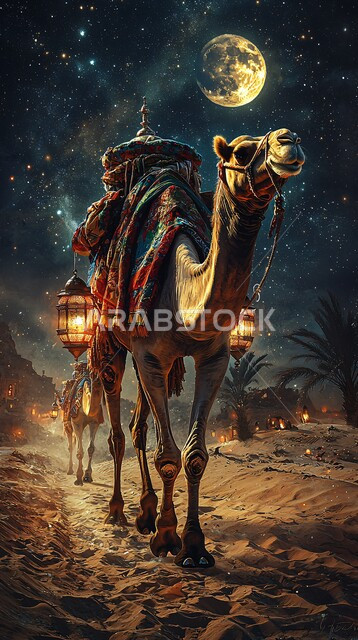 Soft golden sand, purebred Arabian camel in the middle of the desert during the day, camel and dromedary breeding in nature reserves in the Kingdom of Saudi Arabia, care and maintenance of livestock and mammals in the desert, nature background