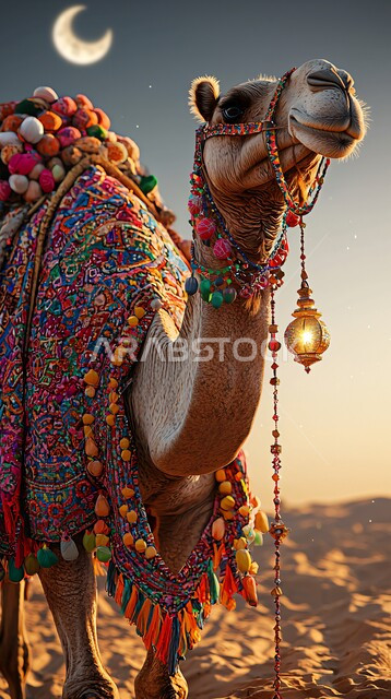 الرمال الذهبية الناعمة، جمل عربي أصيل وسط الصحراء، تربية الجمال والابل في المحميات الطبيعية في المملكة العربية السعودية ، الاهتمام ورعاية المواشي والثدييات في الصحاري، خلفية الطبيعة