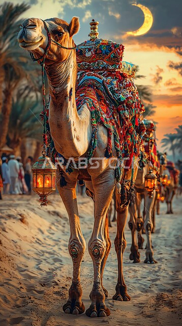 الرمال الذهبية الناعمة، جمل عربي أصيل وسط الصحراء، تربية الجمال والابل في المحميات الطبيعية في المملكة العربية السعودية ، الاهتمام ورعاية المواشي والثدييات في الصحاري، خلفية الطبيعة