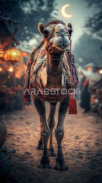 Soft golden sand, purebred Arabian camel in the middle of the desert during the day, camel and dromedary breeding in nature reserves in the Kingdom of Saudi Arabia, care and maintenance of livestock and mammals in the desert, nature background