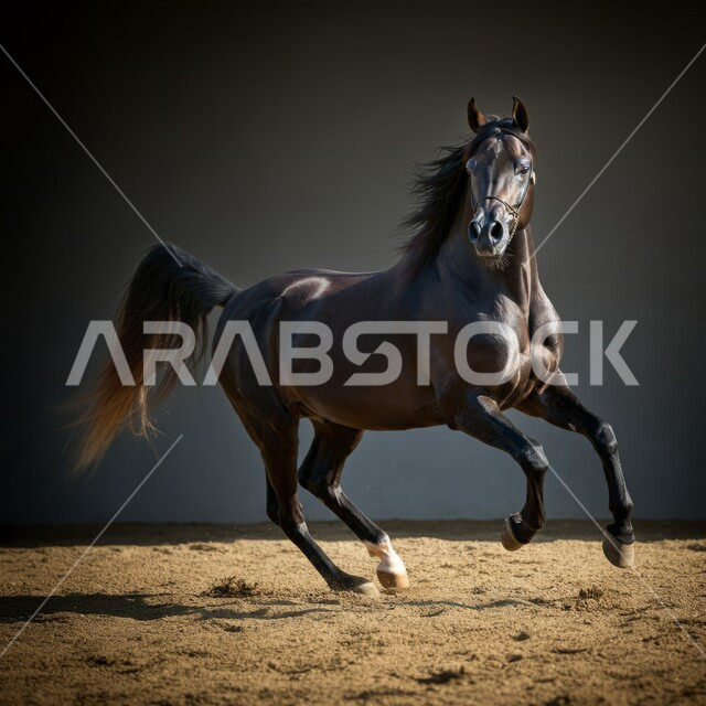حصان عربي أصيل يعدو بسرعة في الحقل، تربية وتدريب وترويض الخيل، توارث حب الخيول العربية من الأجداد إلى الأحفاد، العناية والاهتمام بالجياد القوية، شغف الفروسية ومهارة ركوب الفرس، المحميات الطبيعية ومزارع الأحصنة في المملكة العربية السعودية