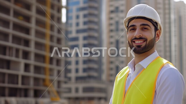مفهوم العمل في القطاع الهندسي, مهن ووظائف هندسية في المملكة العربية السعودية, التطور و النمو العمراني على أيدي أبناء الوطن، صورة مقربة لمهندس عربي خليجي سعودي مبتسم  يرتدي سترة و خوذة الحماية ينظر الى الكاميرا بإيماءات السرور، الاشراف على المشاريع المعمارية في موقع العمل