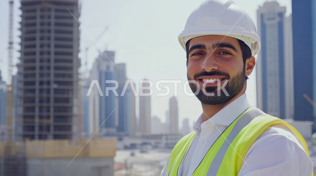 مفهوم العمل في القطاع الهندسي, مهن ووظائف هندسية في المملكة العربية السعودية, التطور و النمو العمراني على أيدي أبناء الوطن، صورة مقربة لمهندس عربي خليجي سعودي مبتسم  يرتدي سترة و خوذة الحماية ينظر الى الكاميرا بإيماءات السرور، الاشراف على المشاريع المعمارية في موقع العمل