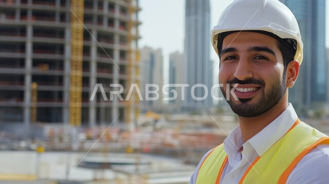 مفهوم العمل في القطاع الهندسي, مهن ووظائف هندسية في المملكة العربية السعودية, التطور و النمو العمراني على أيدي أبناء الوطن، صورة مقربة لمهندس عربي خليجي سعودي مبتسم  يرتدي سترة و خوذة الحماية ينظر الى الكاميرا بإيماءات السرور، الاشراف على المشاريع المعمارية في موقع العمل