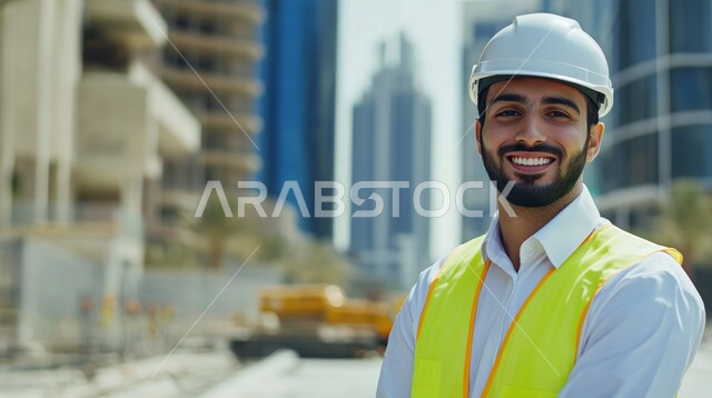 The concept of work in the engineering sector, engineering professions and jobs in the Kingdom of Saudi Arabia, urban development and growth at the hands of the sons of the homeland, a close-up image of a smiling Saudi Arabian Gulf engineer wearing a protective jacket and helmet, looking at the camera with gestures of pleasure, supervising architectural projects at the work site