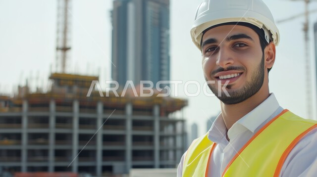 The concept of work in the engineering sector, engineering professions and jobs in the Kingdom of Saudi Arabia, urban development and growth at the hands of the sons of the homeland, a close-up image of a smiling Saudi Arabian Gulf engineer wearing a protective jacket and helmet, looking at the camera with gestures of pleasure, supervising architectural projects at the work site