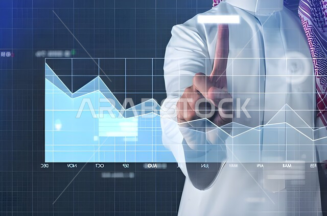 Financial market study and financial feasibility, close-up of a hand of a Saudi Arabian Gulf man wearing traditional thobe and shemagh analyzing and drawing data using hologram technology, data and information planning and analysis