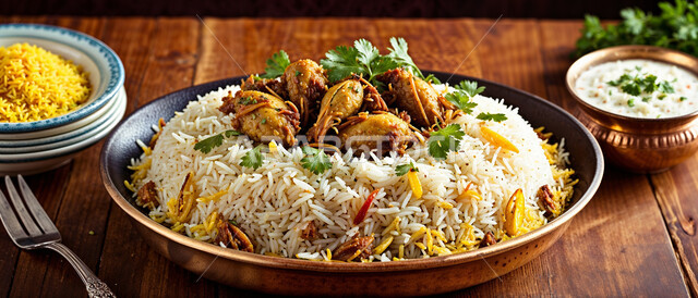 طبق من أرز البرياني وقطع الدجاج المطهية جيداً، أرز الكبسة مع الخضراوات والتوابل, أطباق و ماكولات عربية تقليدية, وصفات الطعام الصحية الشهية, فنون تقديم الأطعمة الشرقية اللذيذة، أنواع متعددة من الصوصات والمقبلات