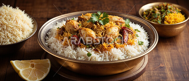 طبق من أرز البرياني وقطع الدجاج المطهية جيداً، أرز الكبسة مع الخضراوات والتوابل, أطباق و ماكولات عربية تقليدية, وصفات الطعام الصحية الشهية, فنون تقديم الأطعمة الشرقية اللذيذة، أنواع متعددة من الصوصات والمقبلات