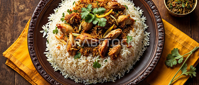 طبق من أرز البرياني وقطع الدجاج المطهية جيداً، أرز الكبسة مع الخضراوات والتوابل, أطباق و ماكولات عربية تقليدية, وصفات الطعام الصحية الشهية, فنون تقديم الأطعمة الشرقية اللذيذة، أنواع متعددة من الصوصات والمقبلات