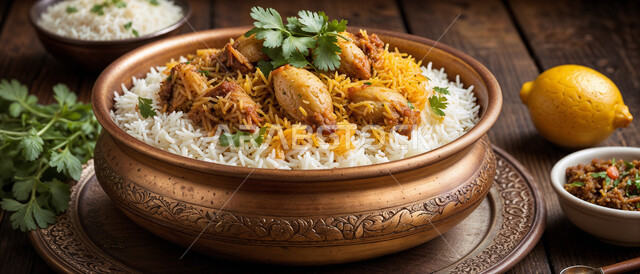 طبق من أرز البرياني وقطع الدجاج المطهية جيداً، أرز الكبسة مع الخضراوات والتوابل, أطباق و ماكولات عربية تقليدية, وصفات الطعام الصحية الشهية, فنون تقديم الأطعمة الشرقية اللذيذة، أنواع متعددة من الصوصات والمقبلات