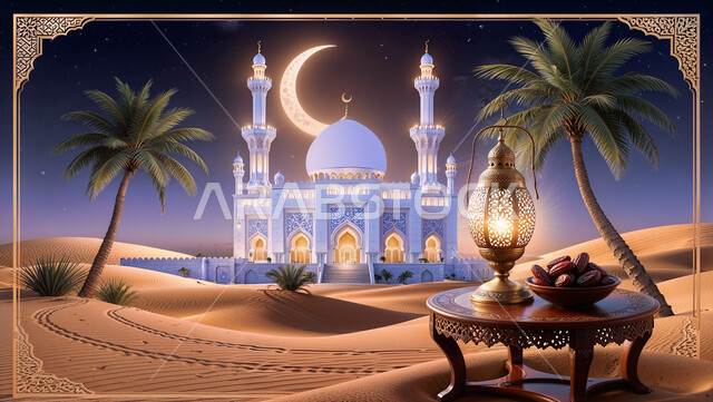 مجسم ثلاثي الابعاد لمسجد في وقت المساء على الطراز الاسلامي، الاعياد والمناسبات الدينية، تصاميم وديكورات وزينة اسلامية دينية فاخرة، العبادة والتقرب الى الله في شهر رمضان المبارك، الهلال في السماء, بطاقة تهنئة المسلمين بقدوم العيد