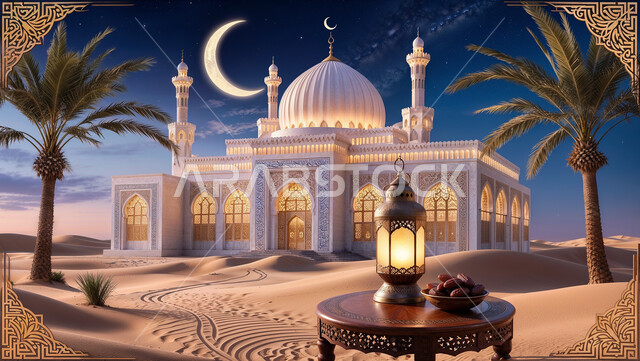 A three-dimensional model of a mosque in the evening time in the Islamic style, religious holidays and occasions, luxurious Islamic religious designs, decorations and decorations, worship and getting closer to God in the blessed month of Ramadan, the crescent in the sky, a card congratulating Muslims on the arrival of the Eid