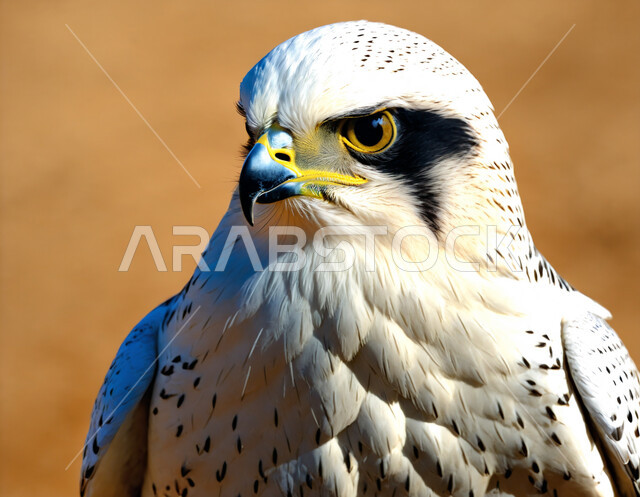 Training and taming birds of prey and predators, establishing a falconry club during the annual hunting season in the Kingdom of Saudi Arabia, pride in the ancient Saudi heritage, the falcon bird in one of the natural reserves, a symbol of strength, challenge and sharpness of sight.