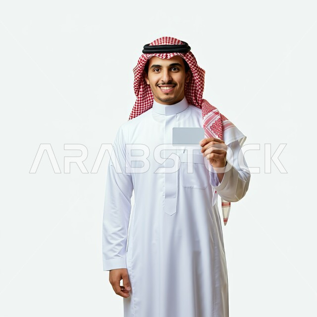 النظر الى الكاميرا بايماءات السرور السعادة، اعلانات و عروضات تسويقية, بورتريه لرجل عربي خليجي سعودي يرتدي الشماغ والثوب التقليدي يحمل بيده لوحة بيضاء مستطيلة، موك اب مستطيل أبيض، لوح اعلاني فارغ، خلفية بيضاء