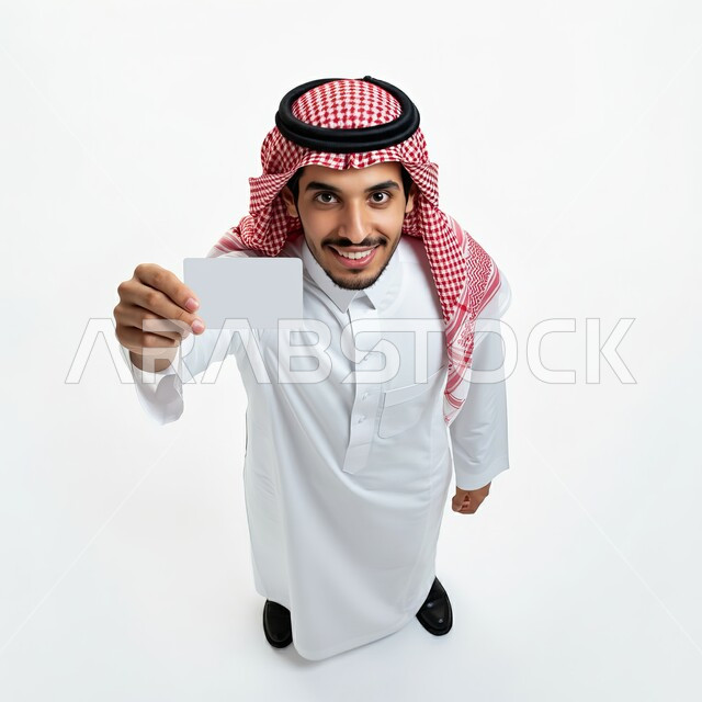 اعلانات و عروضات تسويقية, النظر الى الكاميرا بايماءات السرور السعادة، بورتريه من الاعلى لرجل عربي خليجي سعودي يرتدي الشماغ والثوب التقليدي يحمل بيده لوحة بيضاء مستطيلة، موك اب مستطيل أبيض، لوح اعلاني فارغ، صورة الجسم بالطول الكامل، خلفية بيضاء