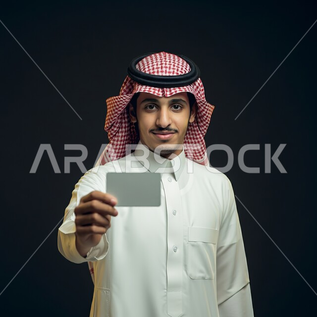 لوح اعلاني فارغ، موك اب مستطيل أبيض، اعلانات و عروضات تسويقية, النظر الى الكاميرا بايماءات السرور السعادة، بورتريه مقرب لرجل عربي خليجي سعودي يرتدي الشماغ والثوب التقليدي يحمل بيده لوحة بيضاء مستطيلة، خلفية سوداء