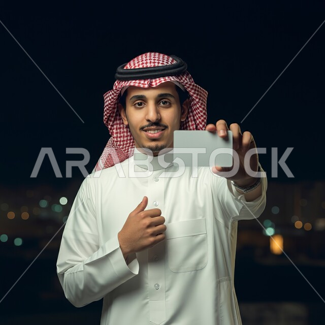 لوح اعلاني فارغ، موك اب مستطيل أبيض، اعلانات و عروضات تسويقية, النظر الى الكاميرا بايماءات السرور السعادة، بورتريه مقرب لرجل عربي خليجي سعودي يرتدي الشماغ والثوب التقليدي يحمل بيده لوحة بيضاء مستطيلة، خلفية سوداء