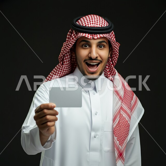 عروضات تسويقية و اعلانات, لوح اعلاني فارغ، موك اب مستطيل أبيض، النظر الى الكاميرا بايماءات الدهشة و المفاجأة، بورتريه لرجل عربي خليجي سعودي يرتدي الشماغ والثوب التقليدي يحمل بيده لوحة بيضاء مستطيلة، خلفية سوداء