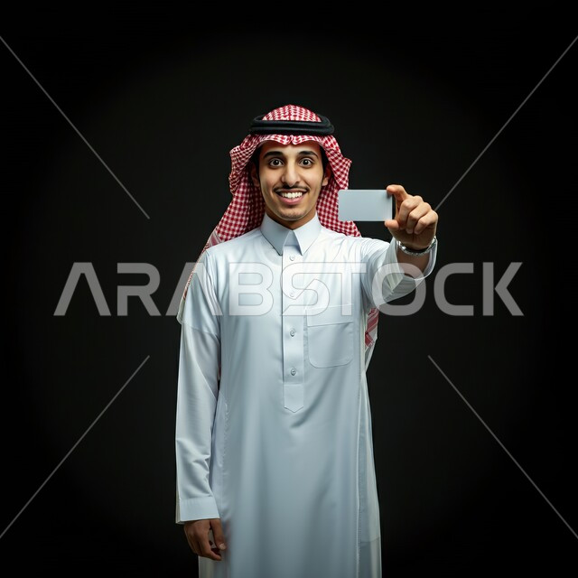 لوح اعلاني فارغ، موك اب مستطيل أبيض، اعلانات و عروضات تسويقية, النظر الى الكاميرا بايماءات السرور السعادة، بورتريه لرجل عربي خليجي سعودي يرتدي الشماغ والثوب التقليدي يحمل بيده لوحة بيضاء مستطيلة، خلفية سوداء