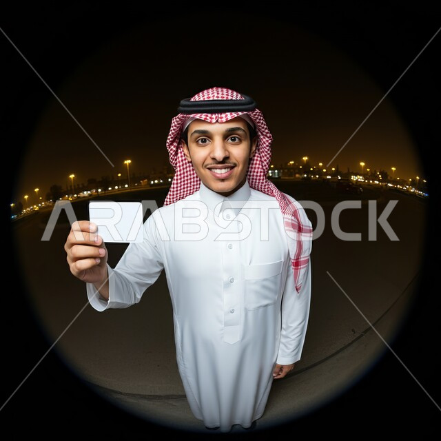 موك اب مستطيل أبيض، لوح اعلاني فارغ، اعلانات و عروضات تسويقية, النظر الى الكاميرا بايماءات السرور السعادة، رجل عربي خليجي سعودي يرتدي الشماغ والثوب التقليدي يحمل بيده لوحة بيضاء مستطيلة