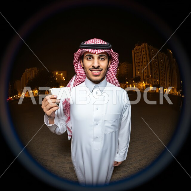 موك اب مستطيل أبيض، لوح اعلاني فارغ، اعلانات و عروضات تسويقية, النظر الى الكاميرا بايماءات السرور السعادة، رجل عربي خليجي سعودي يرتدي الشماغ والثوب التقليدي يحمل بيده لوحة بيضاء مستطيلة