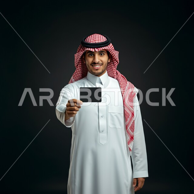 اعلانات و عروضات تسويقية, النظر الى الكاميرا بايماءات السرور السعادة، لوح اعلاني فارغ، موك اب مستطيل أسود، بورتريه لرجل عربي خليجي سعودي يرتدي الشماغ والثوب التقليدي يحمل بيده لوحة سوداء مستطيلة، خلفية سوداء