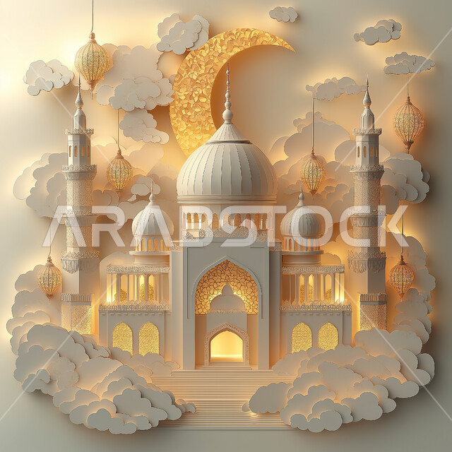مجسم ثلاثي الابعاد لمسجد على الطراز الاسلامي، الاعياد والمناسبات الدينية، العبادة والتقرب الى الله في شهر رمضان المبارك، أجواء رمضانية روحانية، بطاقة تهنئة المسلمين بقدوم العيد، ديكورات وزينة وتصاميم اسلامية دينية فاخرة