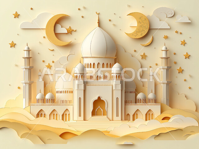 مجسم ثلاثي الابعاد لمسجد على الطراز الاسلامي، الاعياد والمناسبات الدينية، العبادة والتقرب الى الله في شهر رمضان المبارك، أجواء رمضانية روحانية، بطاقة تهنئة المسلمين بقدوم العيد، ديكورات وزينة وتصاميم اسلامية دينية فاخرة