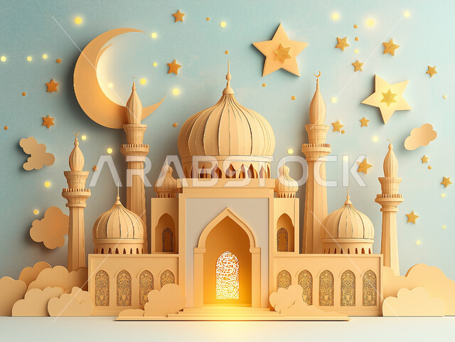 مجسم ثلاثي الابعاد لمسجد على الطراز الاسلامي، الاعياد والمناسبات الدينية، العبادة والتقرب الى الله في شهر رمضان المبارك، أجواء رمضانية روحانية، بطاقة تهنئة المسلمين بقدوم العيد، ديكورات وزينة وتصاميم اسلامية دينية فاخرة