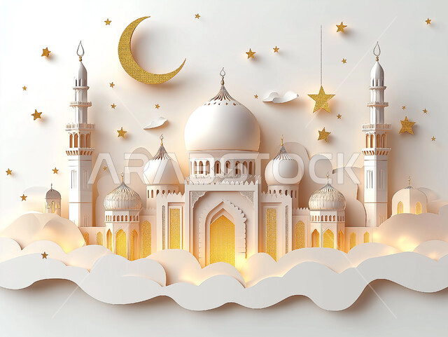 مجسم ثلاثي الابعاد لمسجد على الطراز الاسلامي، الاعياد والمناسبات الدينية، العبادة والتقرب الى الله في شهر رمضان المبارك، أجواء رمضانية روحانية، بطاقة تهنئة المسلمين بقدوم العيد، ديكورات وزينة وتصاميم اسلامية دينية فاخرة