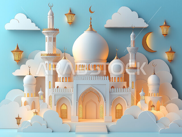مجسم ثلاثي الابعاد لمسجد على الطراز الاسلامي، الاعياد والمناسبات الدينية، العبادة والتقرب الى الله في شهر رمضان المبارك، أجواء رمضانية روحانية، بطاقة تهنئة المسلمين بقدوم العيد، ديكورات وزينة وتصاميم اسلامية دينية فاخرة