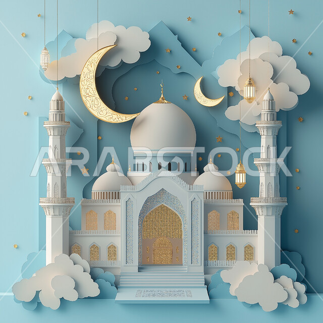 مجسم ثلاثي الابعاد لمسجد على الطراز الاسلامي، الاعياد والمناسبات الدينية، العبادة والتقرب الى الله في شهر رمضان المبارك، أجواء رمضانية روحانية، بطاقة تهنئة المسلمين بقدوم العيد، ديكورات وزينة وتصاميم اسلامية دينية فاخرة