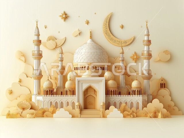 مجسم ثلاثي الابعاد لمسجد على الطراز الاسلامي، الاعياد والمناسبات الدينية، العبادة والتقرب الى الله في شهر رمضان المبارك، أجواء رمضانية روحانية، بطاقة تهنئة المسلمين بقدوم العيد، ديكورات وزينة وتصاميم اسلامية دينية فاخرة
