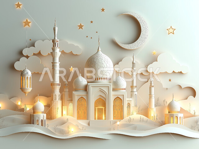 مجسم ثلاثي الابعاد لمسجد على الطراز الاسلامي، الاعياد والمناسبات الدينية، العبادة والتقرب الى الله في شهر رمضان المبارك، أجواء رمضانية روحانية، بطاقة تهنئة المسلمين بقدوم العيد، ديكورات وزينة وتصاميم اسلامية دينية فاخرة